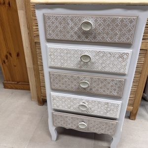 Chiffonnier 5 tiroirs relooké "Diamant" – taupe et blanc cassé
