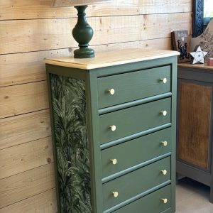 Chiffonnier 5 tiroirs 'Botanica' – vert kaki, papier botanique & doré — Collection Signature
