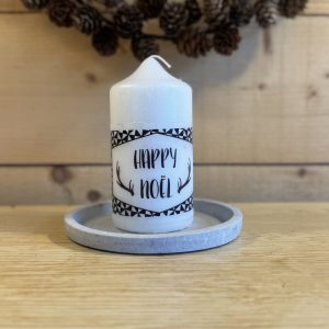 Bougie « Happy Noël » et sa coupelle